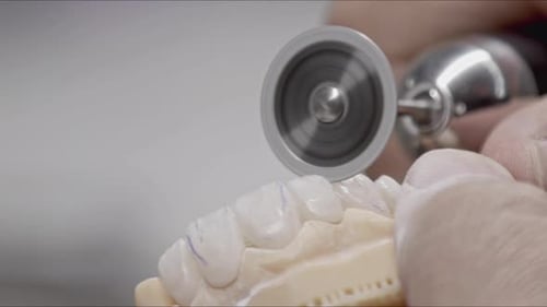 Dental Technician Working on Artificial Teeth with Rotary Tool