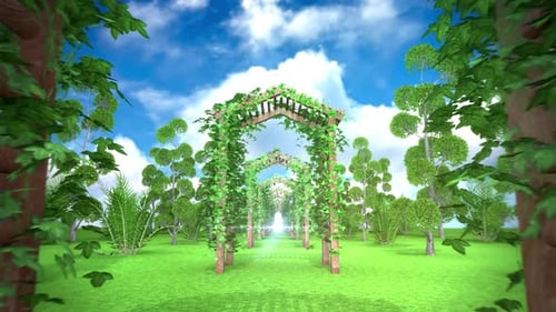Green Vine Covered Archways Animated Path Through Garden