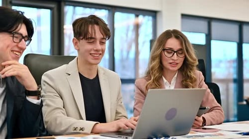 Business meeting in an office, female team leader and two young workers discussing business affairs
