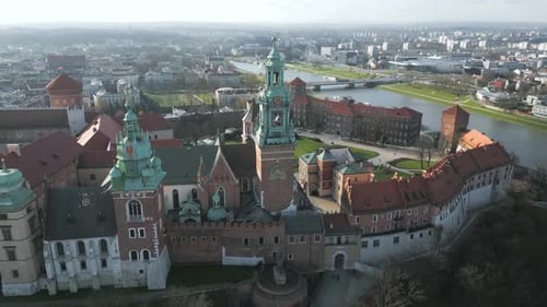 Orbit Flight Around the Wawel Royal Castle Early Morning at Dawn Cracow Poland