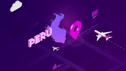Animated Isometric 3D Peru Map with Location Pin and Airplanes