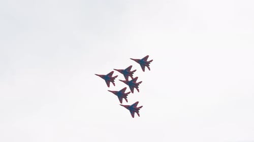 Speed group military airplane fly war. Fighter aircraft mig29 sky trick airshow.