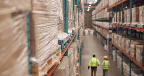 Delivery, logistics and supply chain with warehouse team walking together to check stock or storage