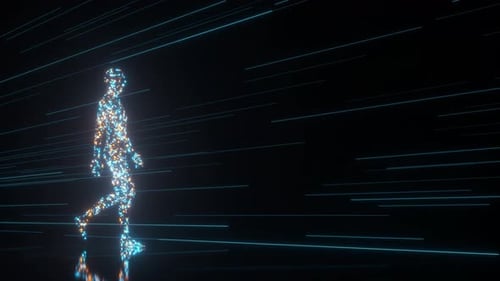 Abstrakte Animation einer menschlichen Figur aus leuchtenden Partikeln, die durch ein dunkles Digitalbild läuft