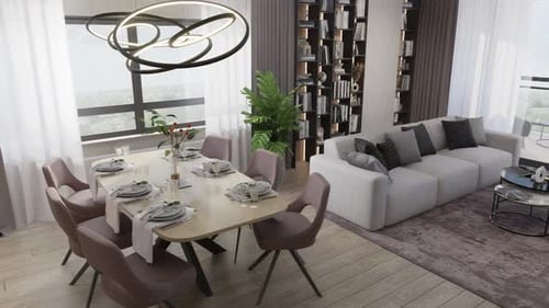 3D-rendering. The camera flies over a modern studio apartment.