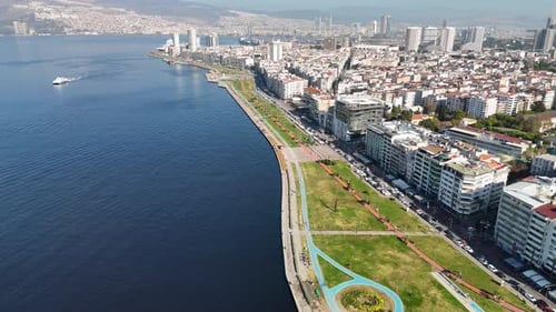 4K Drone Footage of Coastal Urban Buildings and Seaside Cityscape in Izmir, Turkey