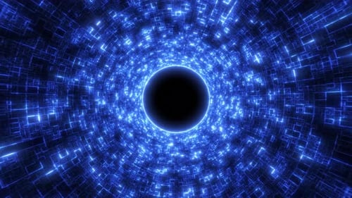 Digital futuristic tunnel or travel through time and space at high speed, moving bright neon lines