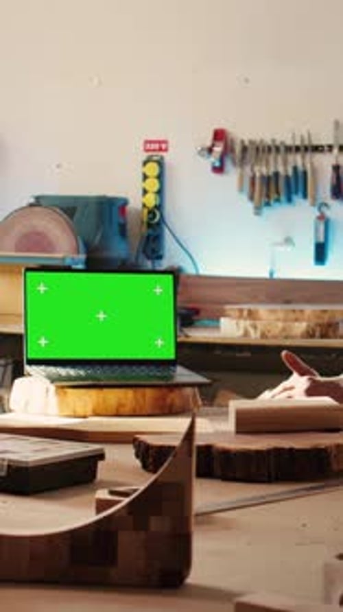 Vertical Video Joyous Cabinetmaker Look Over Blueprints Schematics on Isolated Screen Laptop