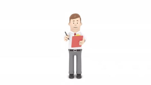 Animated Businessman Holding Clipboard And Pen Ready To Work And Record Information