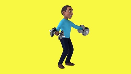 Lustiger 3D-Cartoon-Mann beim Gewichtheben (inklusive Alphakanal)