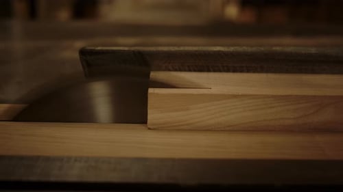 Closeup Unknown Guy Working with Saw Machine in Carpentry Workshop. Man Preparing