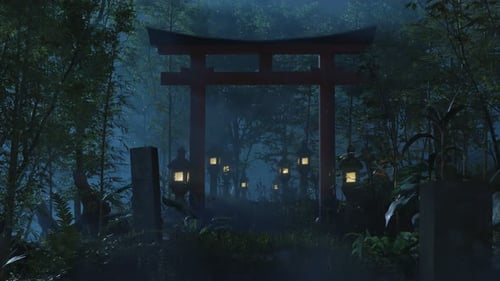 Old Japanese Shrine With Torii Gate And Stone Lantern At Night