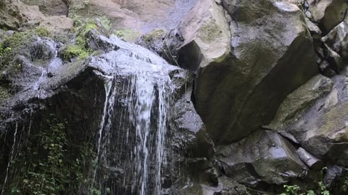 Waterfall in the wild forest Camera Tilt Up to Down white sky and dark rocks 4k 30fps