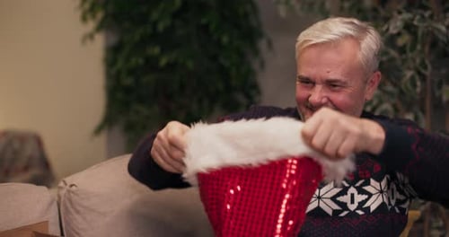 Man Puts on Sequined Santa Hat Indoors