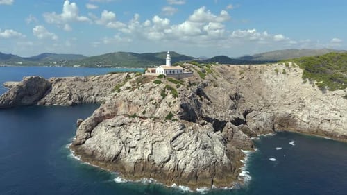 Capdepera Lighthouse Reveal on Majorca Cliff, Aerial