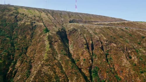 Drone Volcanic Mountain Hills in Summer 5G Telecommunication Tower on Top