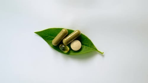 Pills and Capsules on Green Leaf