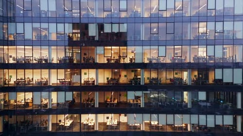 Aerial View of Modern Office Building at Night