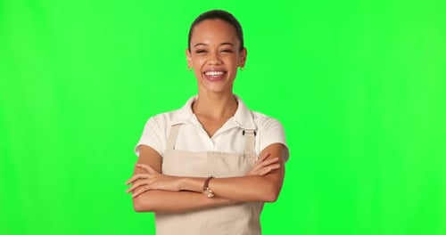 Green screen face, arms crossed and happy barista, woman or cashier smile for service