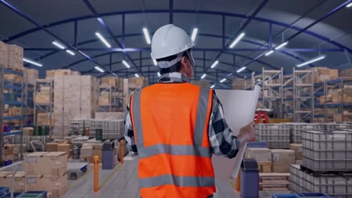 Asian Male Looking At Blueprint In His Hands While Walking and Inspecting in Warehouse