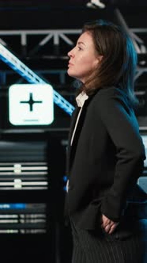 Vertical Video Cheerful Data Center System Administrator Takes Virtual Tour Using AR Tech