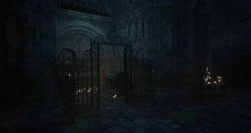 Antigua cripta oscura con puerta adornada y velas encendidas en un entorno misterioso