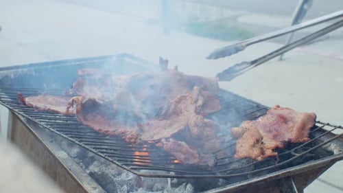 Open flames barbecue outside cooking