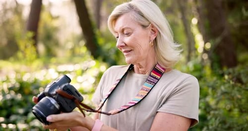 Senior woman, photographer and hiker with camera in forest or woods for sightseeing or tourism