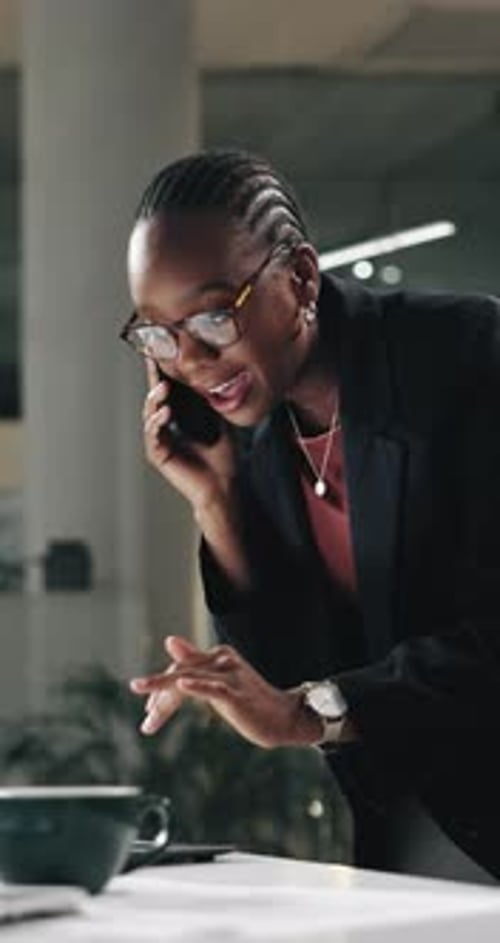 Night, woman and talking in office with phone call for business client, project plan and feedback