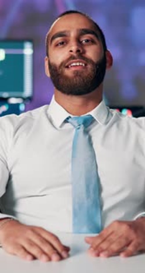 Face, businessman and pointing with financial newsroom for stock market