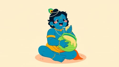 Cute Baby Krishna Eating Butter from Pot, Indian Gods Mythology, Children’s Cartoon Stories