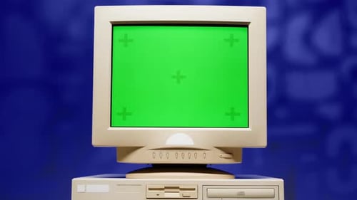 PC retro con clave cromática, pantalla verde, estudio de computadora antiguo, primer plano, escritorio, pantalla de onda retro vintage