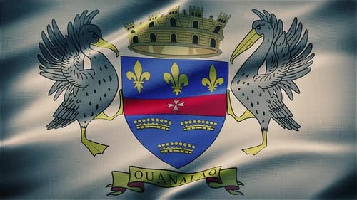 Realistic Waving Flag of Saint Barthélemy with Coat of Arms