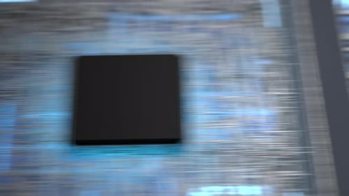 Camera movement along the electronic board to the processor. Advanced technology concept visualizati