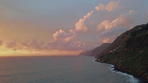 Amazing Sunset Ocean Aerial View Tranquil Island Cliffs at Colorful Clouds