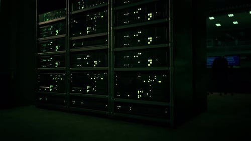 Big Data Dark Server Room with Bright Equipment