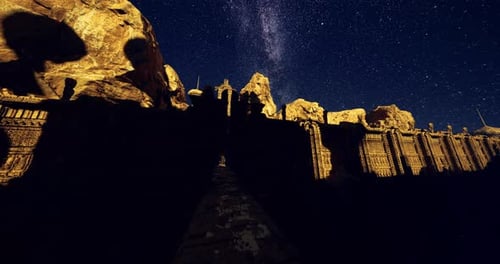 Ciel nocturne au-dessus d'anciennes ruines avec des étoiles qui brillent dans le désert