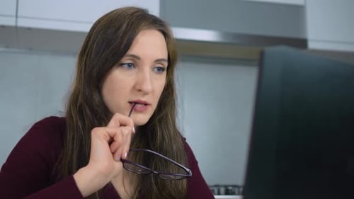 Woman College Student Using Laptop Computer Watching Distance Online Learning Seminar Class Remote