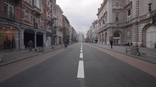 Closed shops, cafes and coffee bars at Bondgenotenlaan, Leuven, Belgium. Coronavirus lockdown
