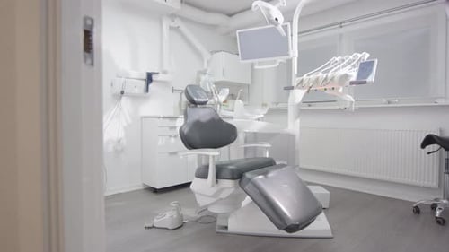 Empty dental office with chair, tools and equipment used for oral care