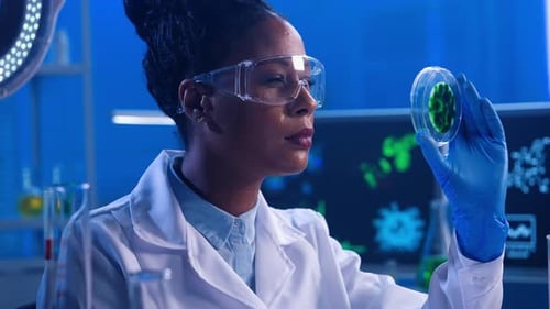 A Young African American Woman Examines a Petri Dish with a Green Sample of Cultured Bacteria