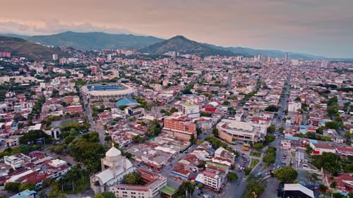 Aerial View of a Busy Street with Traffic and Market - Cali, Colombia