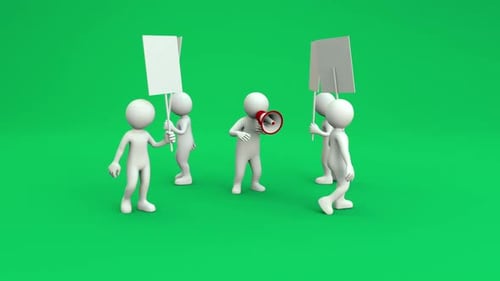 3D Stick Figures Protesting with Megaphone and Blank Signs
