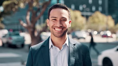 Urban, smile and portrait of businessman in city, outdoor and professional mindset of employee