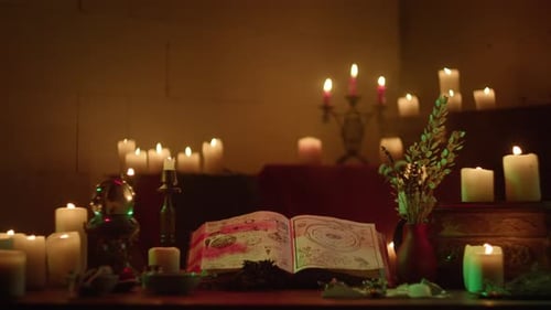 Illuminated Spell Book Surrounded by Burning Candles