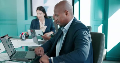 Man, face and happy at meeting with laptop, charts and finance with review at investment agency