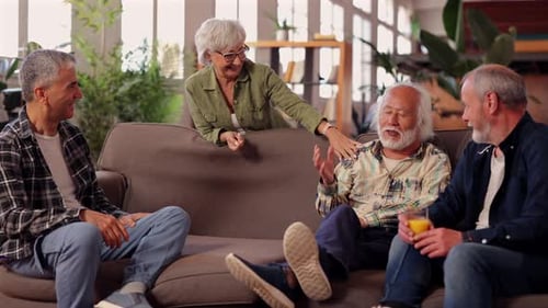 Senior Friends Chatting on Couch Indoors