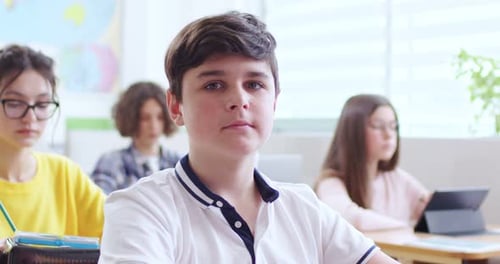 Portrait of School Boy Looking at Camera in Classroom Smiling Teenage Boy Sitting at Desk and