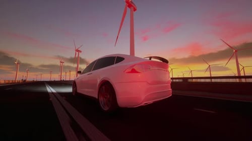 3D Render Of Generic Electric Car Drives On Highway With Wind Turbines At Sunset