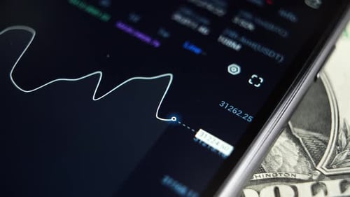 businessman uses a smartphone to check the price of bitcoin on a trading market. macro plan